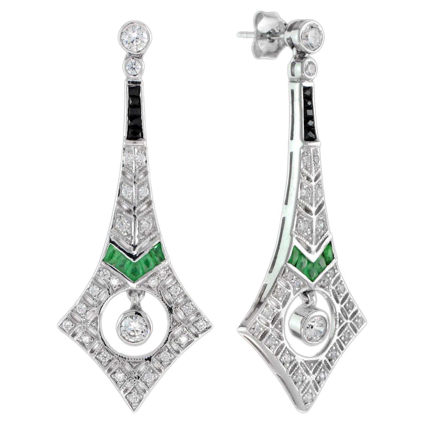 Boucles d'oreilles pendantes en or blanc 18 carats, diamant, émeraude et onyx, style Art Déco en vente