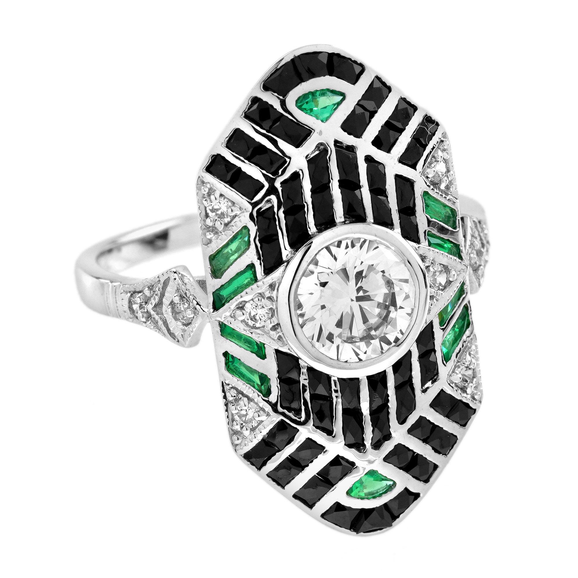 Round Cut Diamond Emerald Onyx Art Deco Style Geometric Dinner Ring in 18K White Gold For Sale