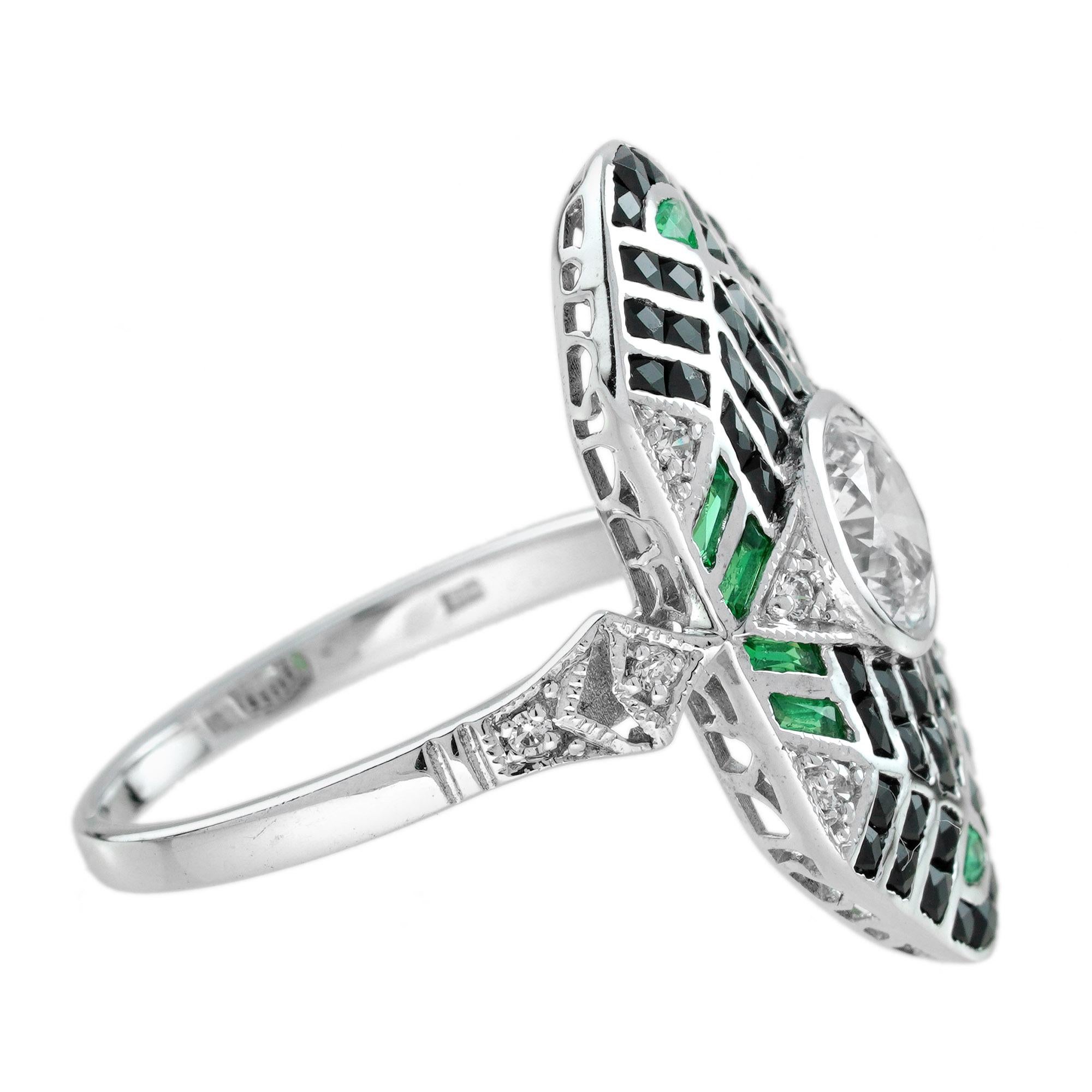 Diamond Emerald Onyx Art Deco Style Geometric Dinner Ring in 18K White Gold In New Condition For Sale In Bangkok, TH