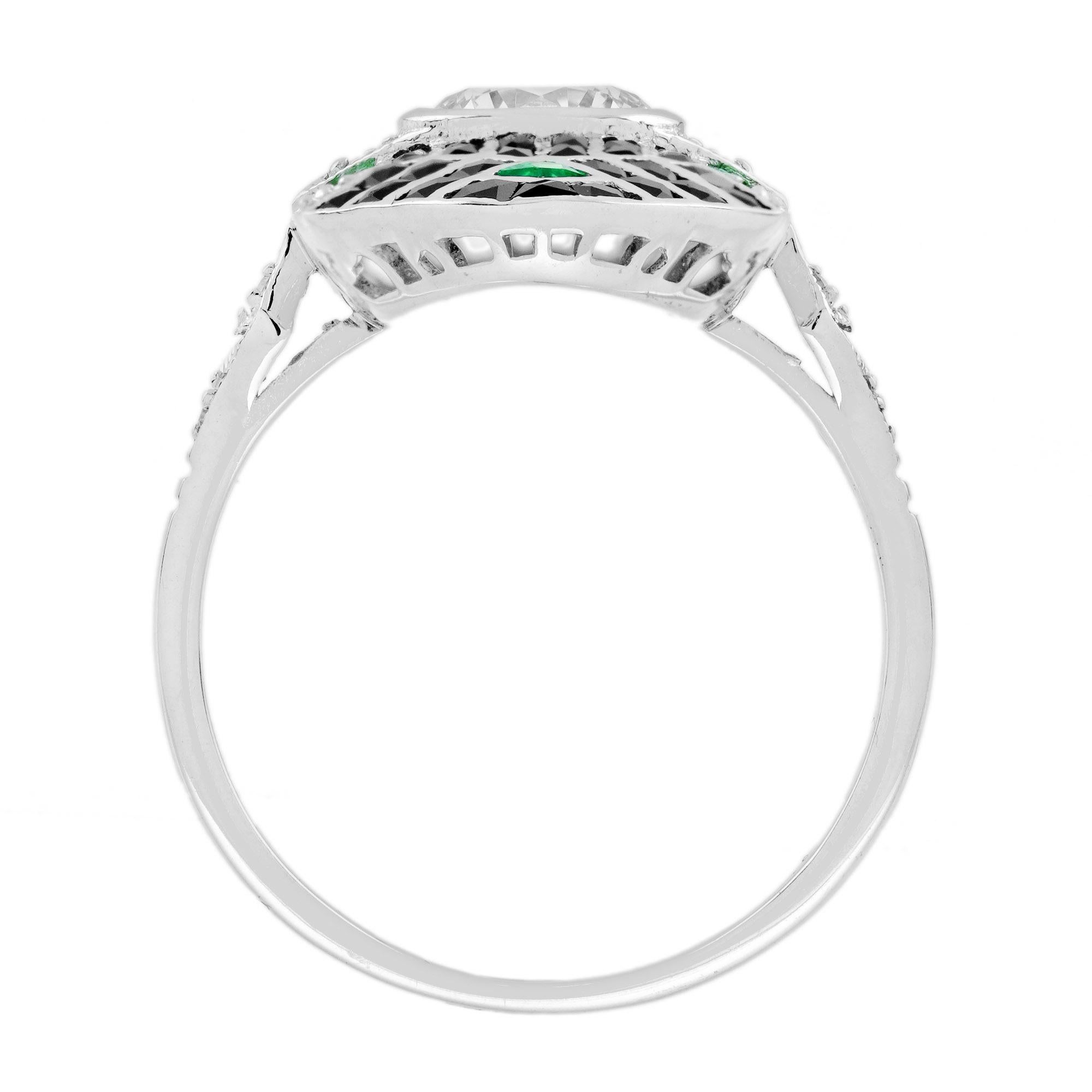 Diamond Emerald Onyx Art Deco Style Geometric Dinner Ring in 18K White Gold For Sale 1