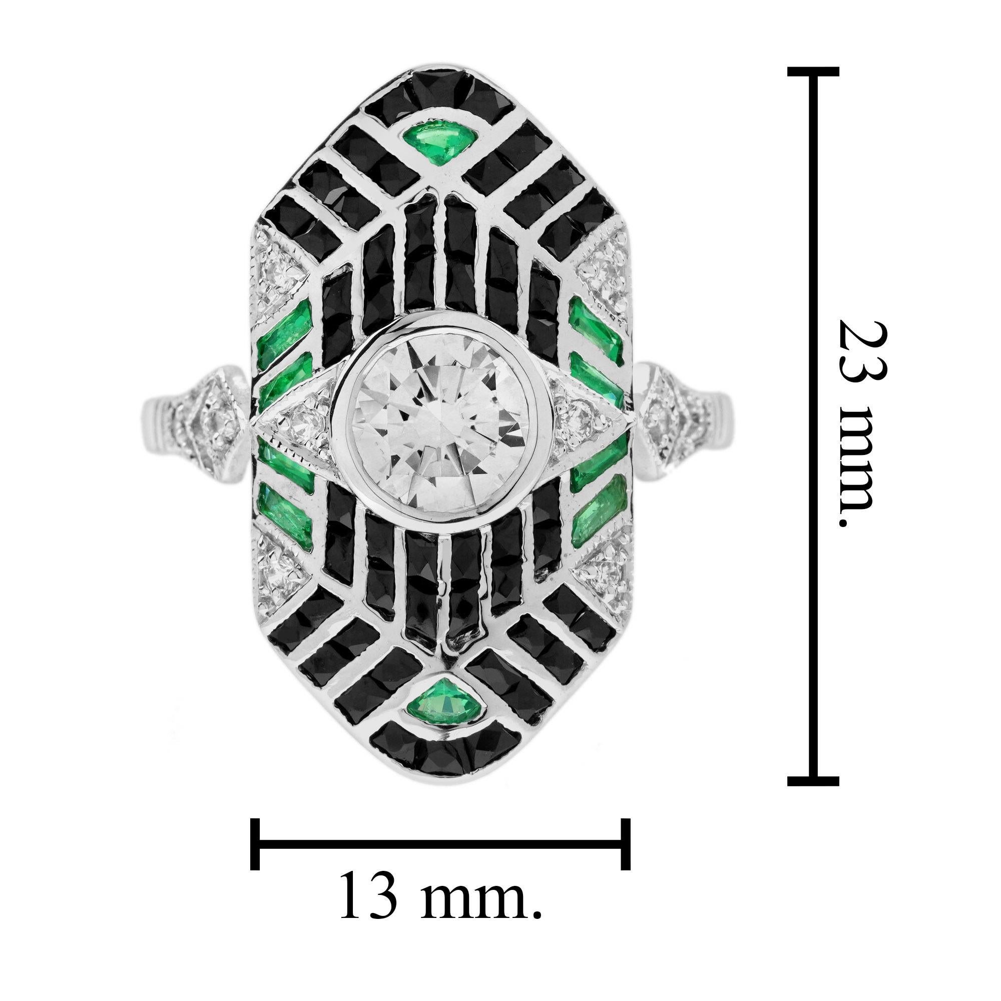 Diamond Emerald Onyx Art Deco Style Geometric Dinner Ring in 18K White Gold For Sale 2