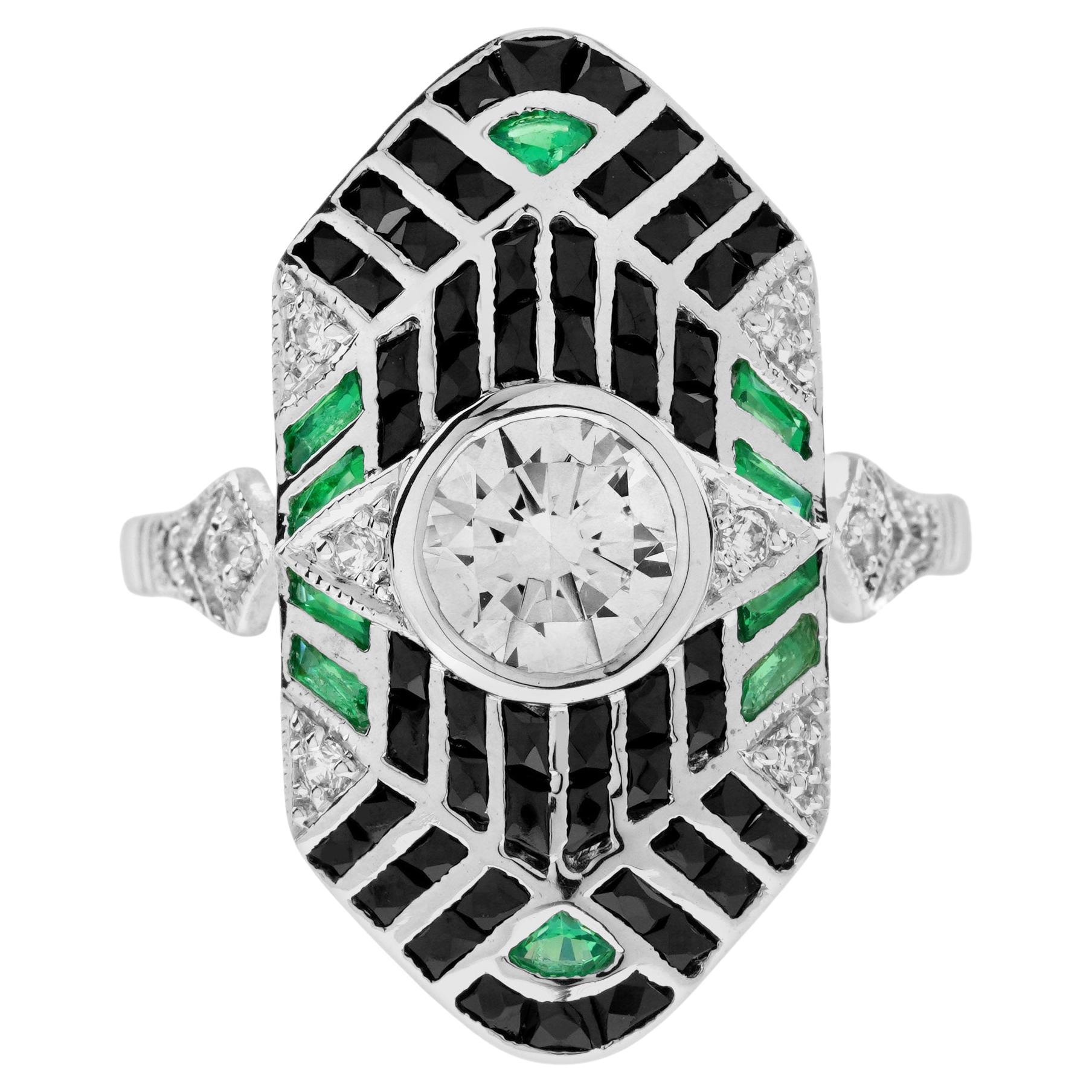 Diamond Emerald Onyx Art Deco Style Geometric Dinner Ring in 18K White Gold For Sale