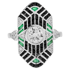 Diamond Emerald Onyx Art Deco Style Geometric Dinner Ring in 18K White Gold
