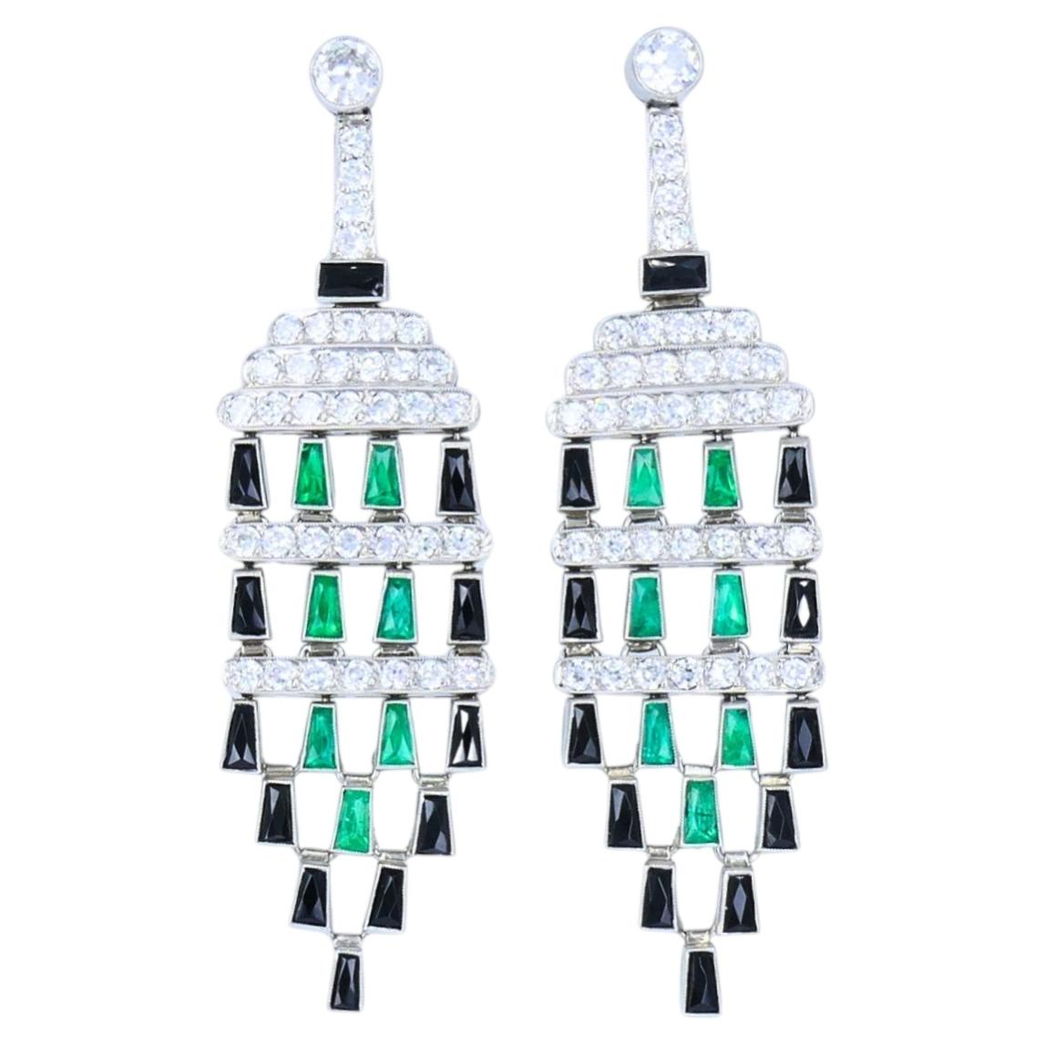 Diamond Emerald Onyx Dangle Earrings Art Deco Revival For Sale