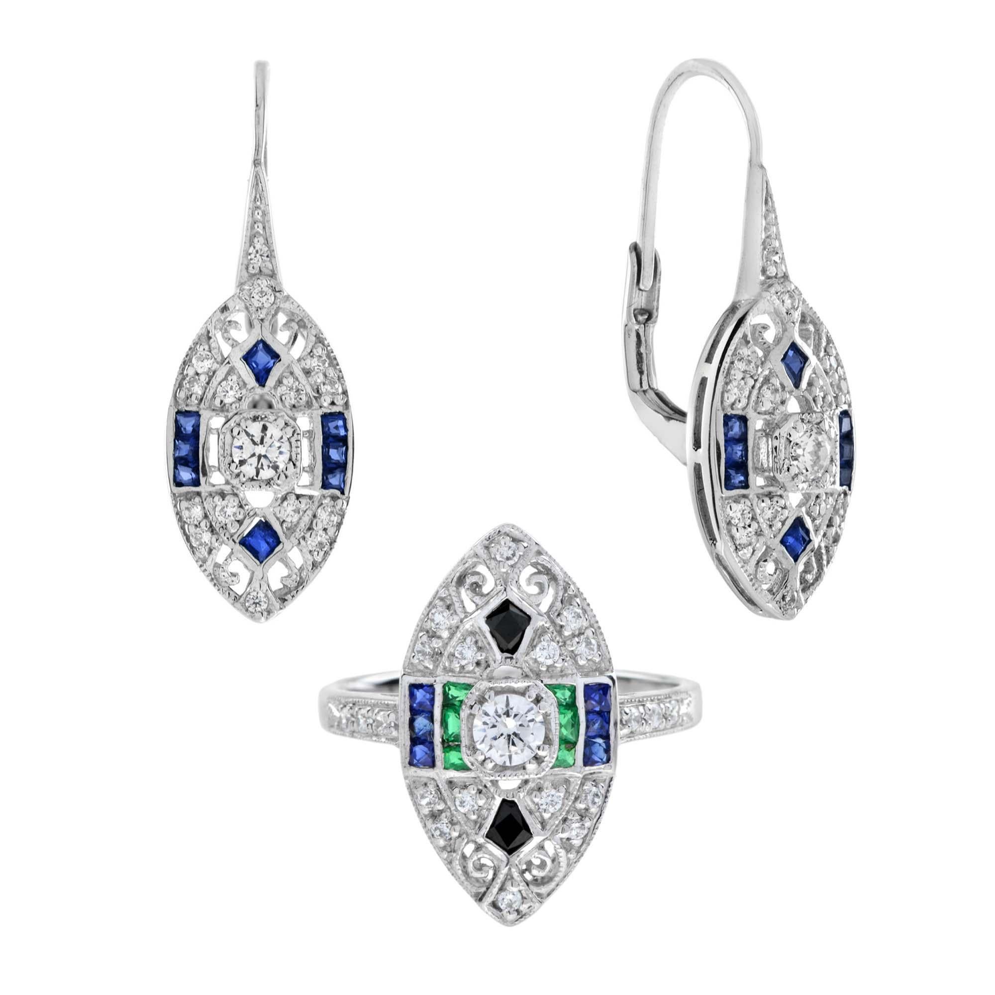 Anello e orecchini con diamante smeraldo e onice a forma di marquise in oro bianco 14K in vendita