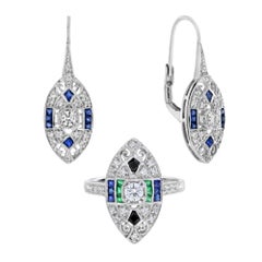 Diamond Emerald Onyx Marquise Shape Ring and Earrings Set in 14K White Gold