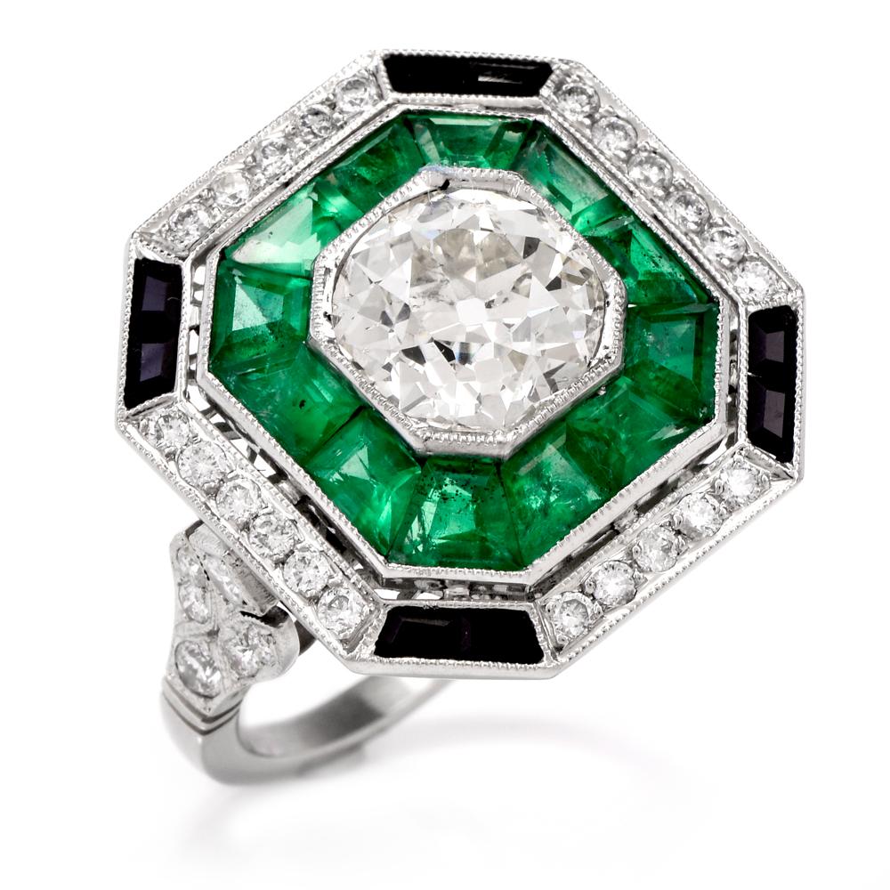 Art Deco Diamond Emerald Onyx Platinum Cocktail Ring