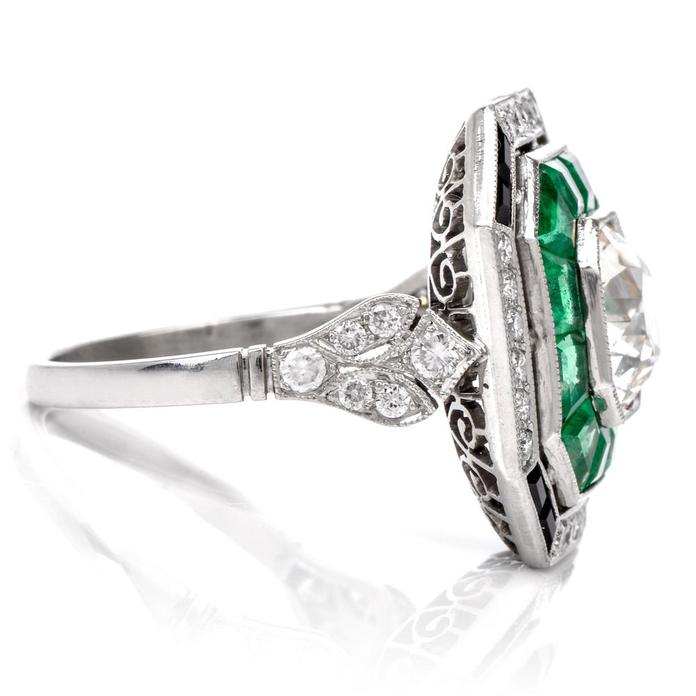 Women's Diamond Emerald Onyx Platinum Cocktail Ring