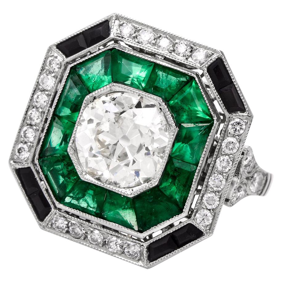 Diamond Emerald Onyx Platinum Cocktail Ring