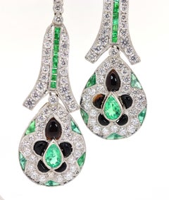 Diamond, Emerald & Onyx Platinum Earrings