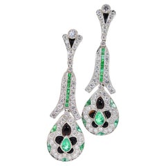 Diamond, Emerald & Onyx Platinum Earrings