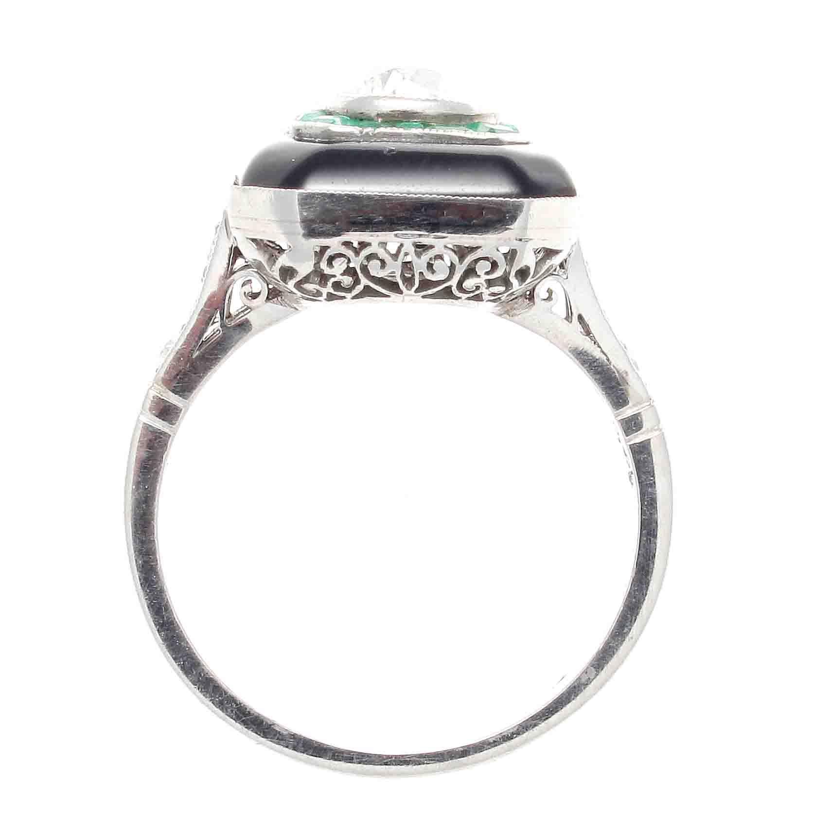 Art Deco Diamond Emerald Onyx Platinum Engagement Ring