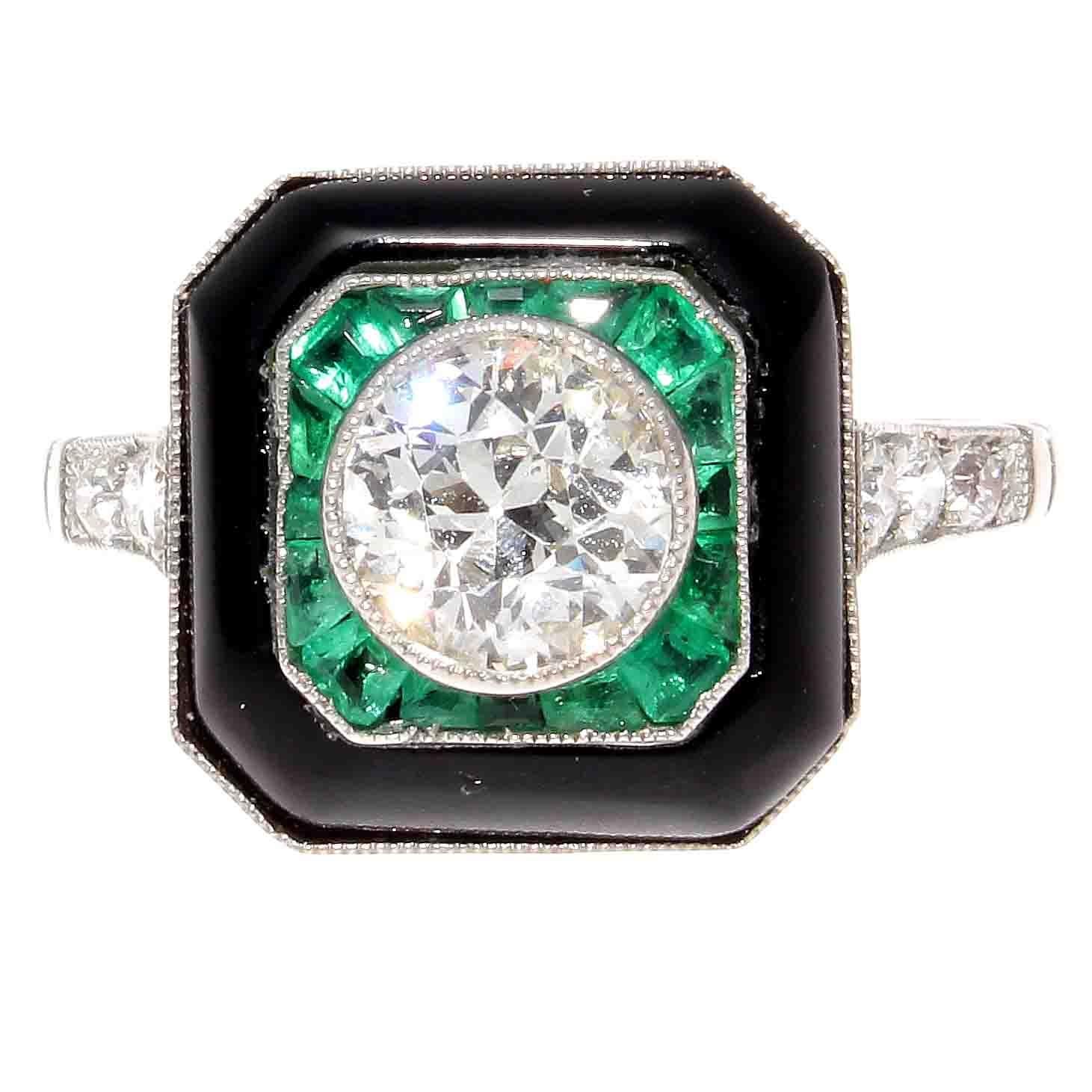 Diamond Emerald Onyx Platinum Engagement Ring