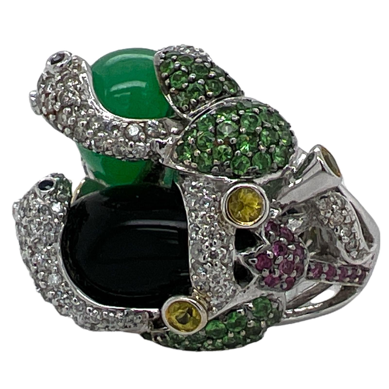 Cabochon Diamond Emerald Onyx Tsavorite 18 Karat White Gold Double Snake Cocktail Ring 