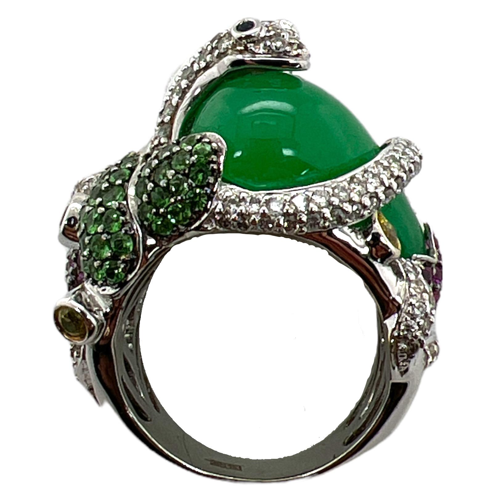 Women's Diamond Emerald Onyx Tsavorite 18 Karat White Gold Double Snake Cocktail Ring 