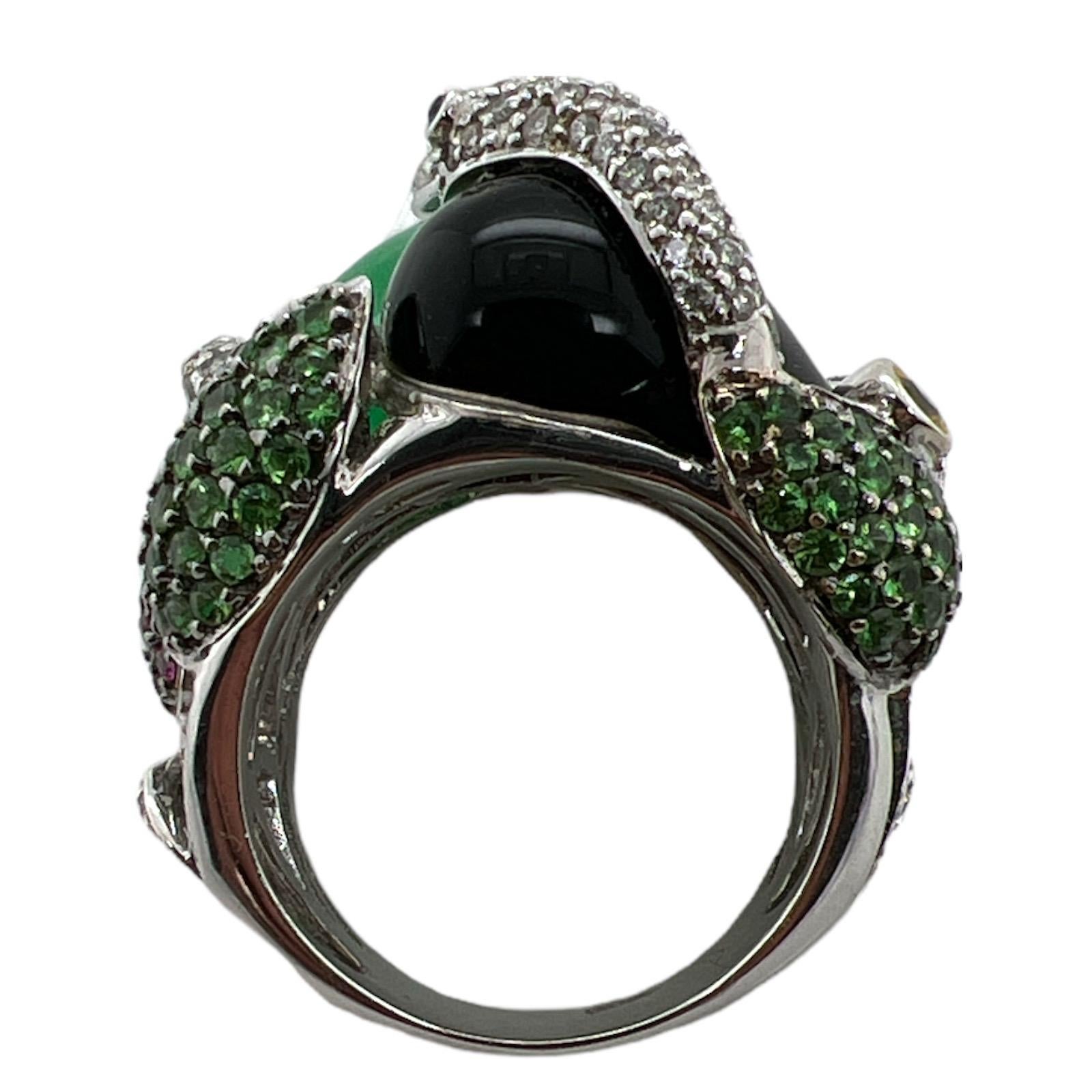 Diamond Emerald Onyx Tsavorite 18 Karat White Gold Double Snake Cocktail Ring  1