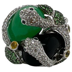 Diamant Smaragd Onyx Tsavorit 18 Karat Weißgold Doppelschlangen-Cocktailring 