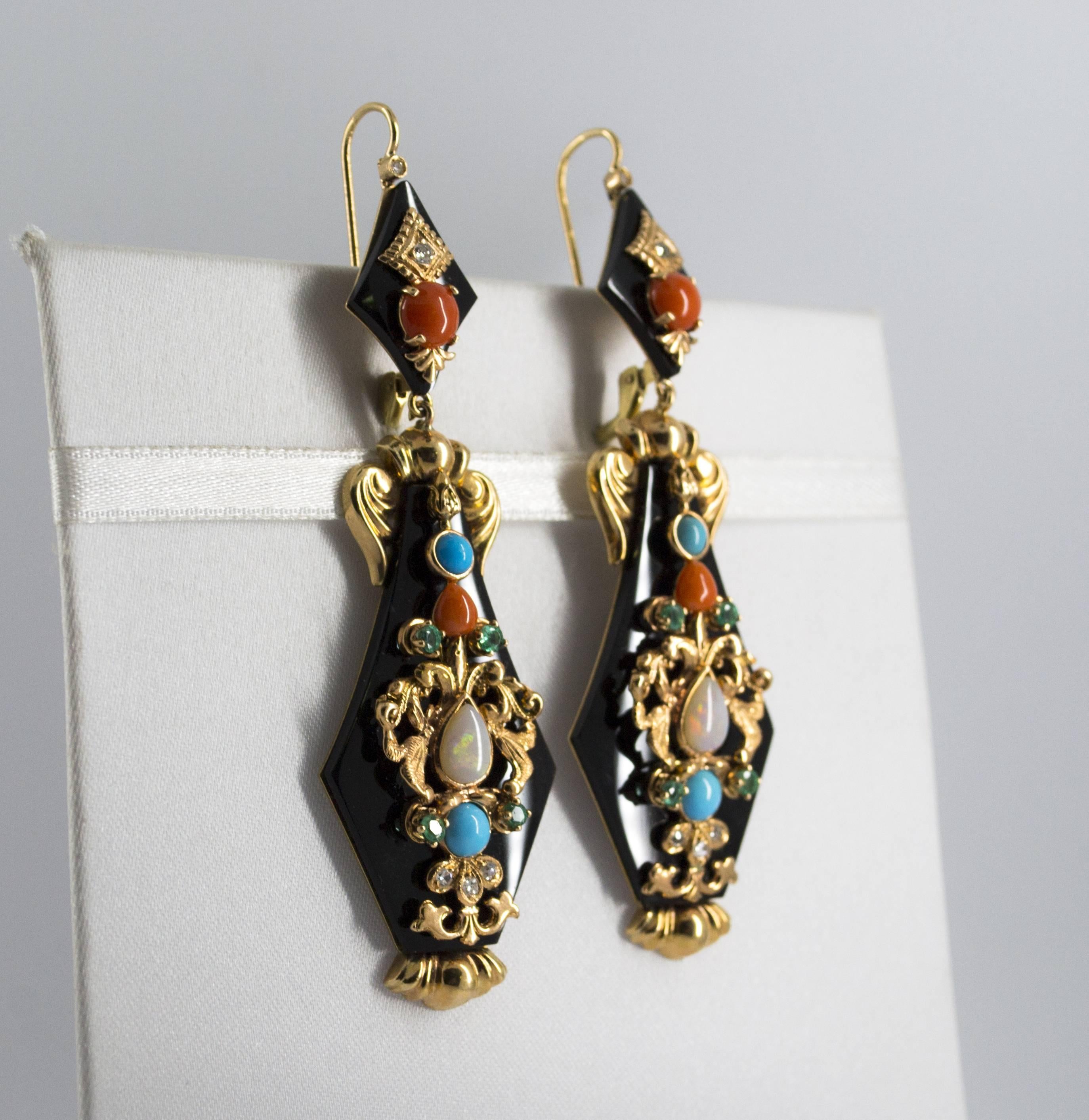 Renaissance White Diamond Emerald Opal Turquoise Coral Onyx Yellow Gold Lever-Back Earrings