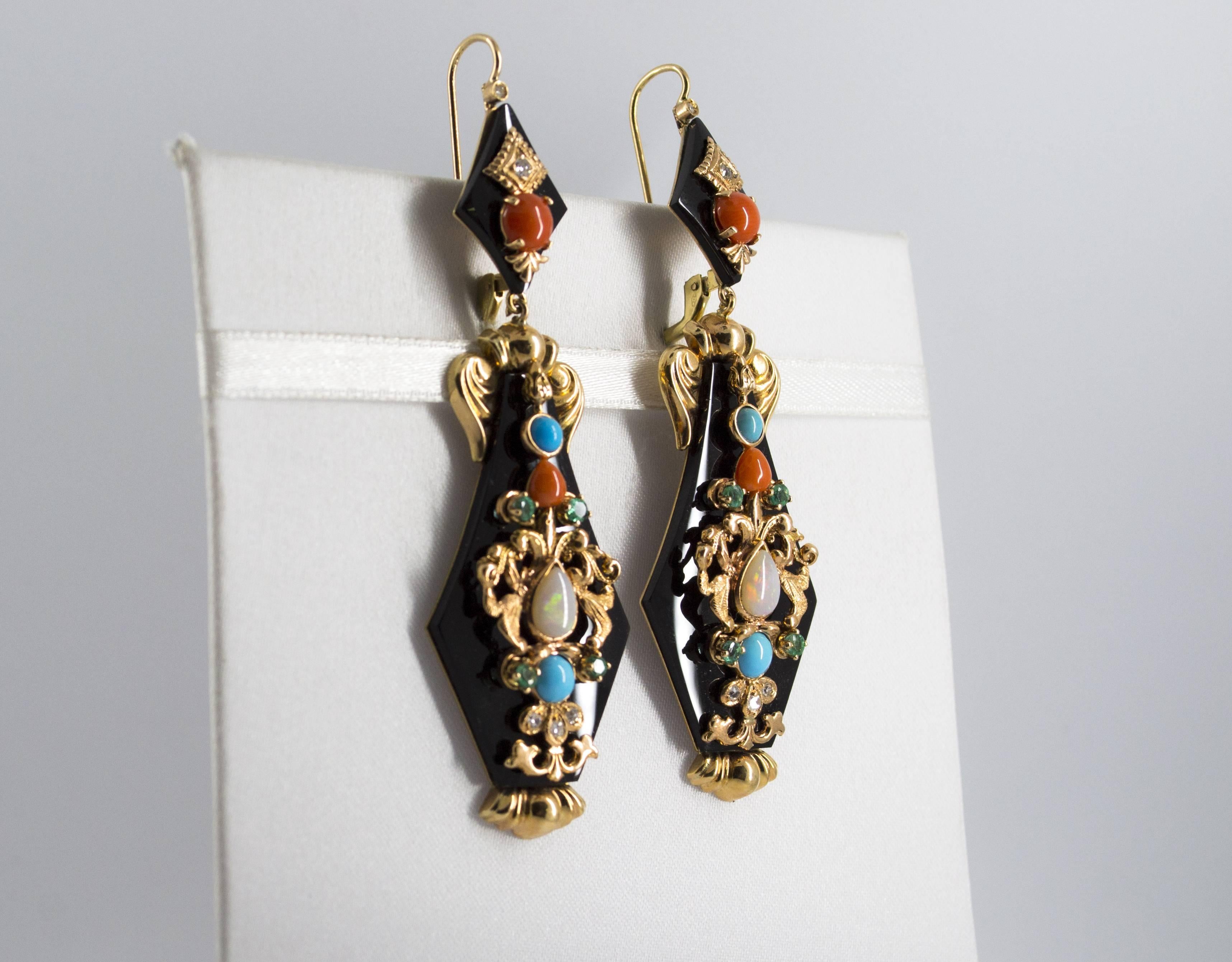 White Diamond Emerald Opal Turquoise Coral Onyx Yellow Gold Lever-Back Earrings In New Condition In Naples, IT