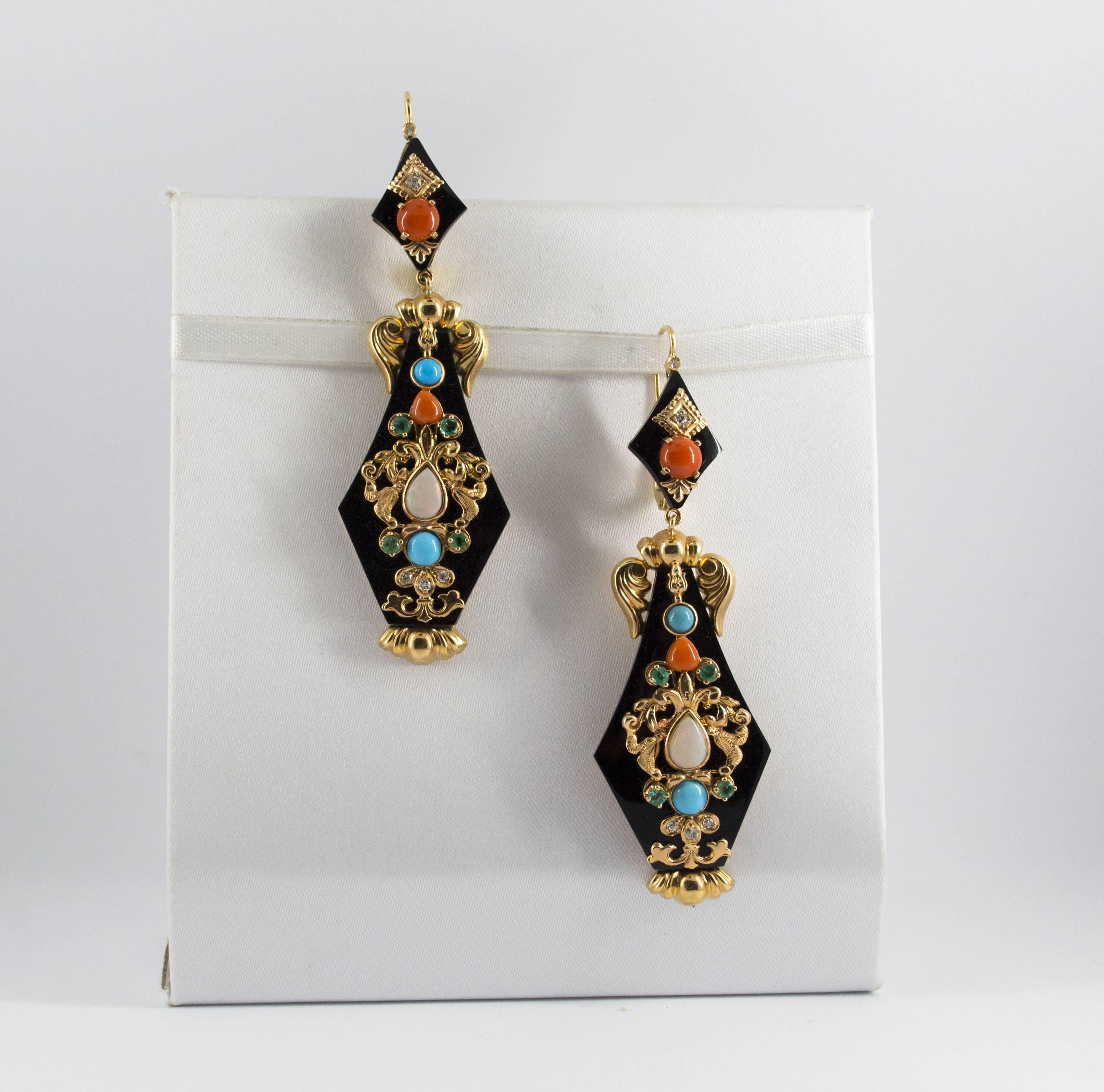 Women's or Men's White Diamond Emerald Opal Turquoise Coral Onyx Yellow Gold Lever-Back Earrings