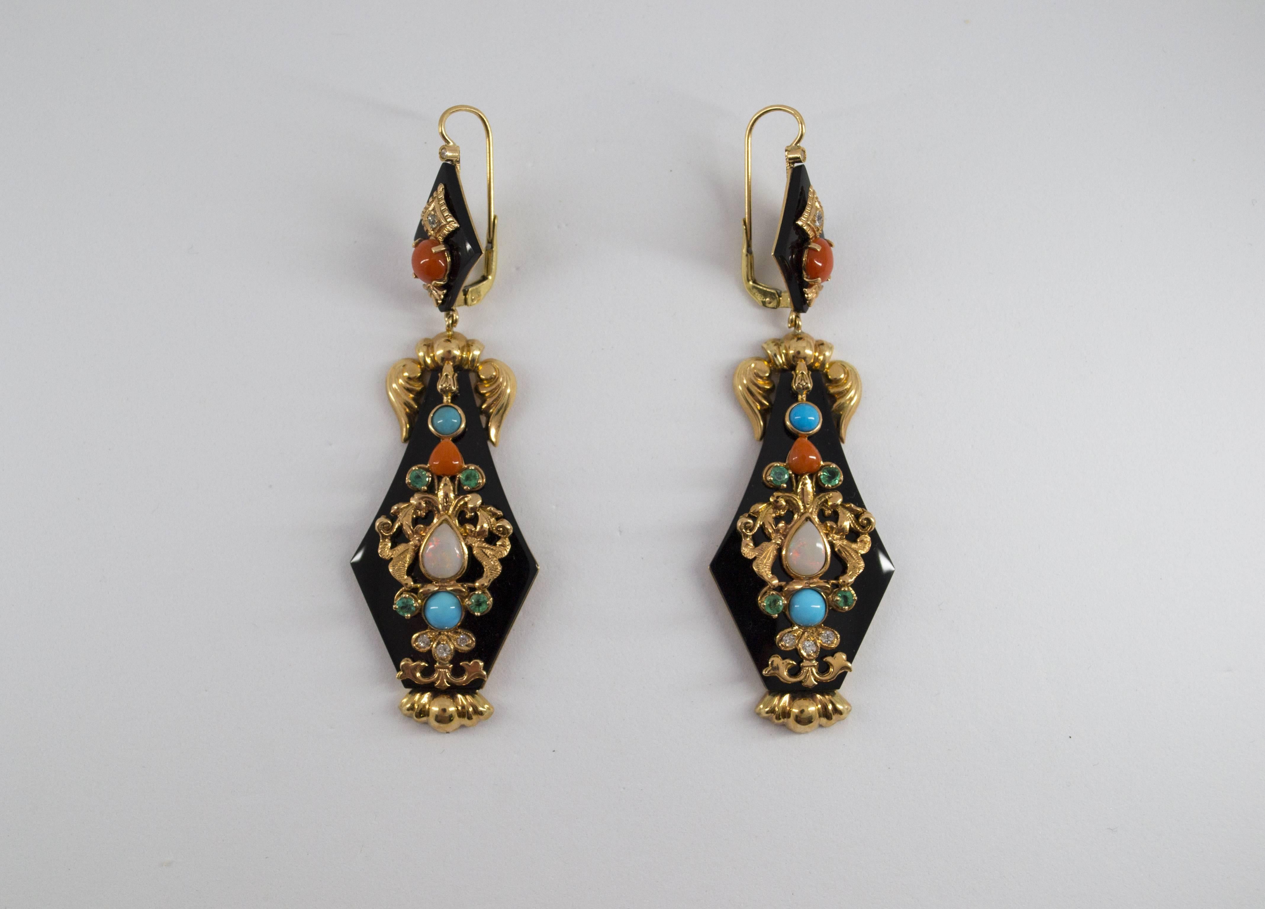 White Diamond Emerald Opal Turquoise Coral Onyx Yellow Gold Lever-Back Earrings 2