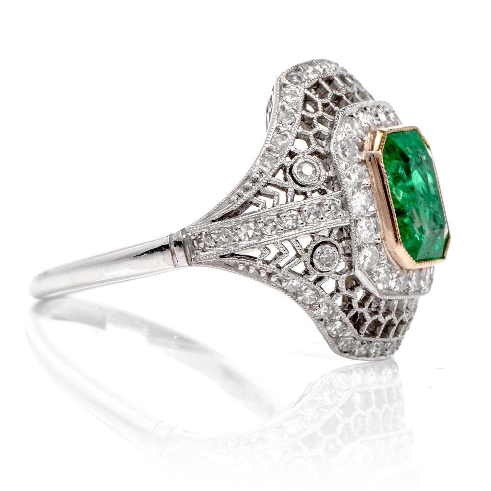 Art Deco Vintage Diamond Emerald Open Work Platinum Cocktail Ring
