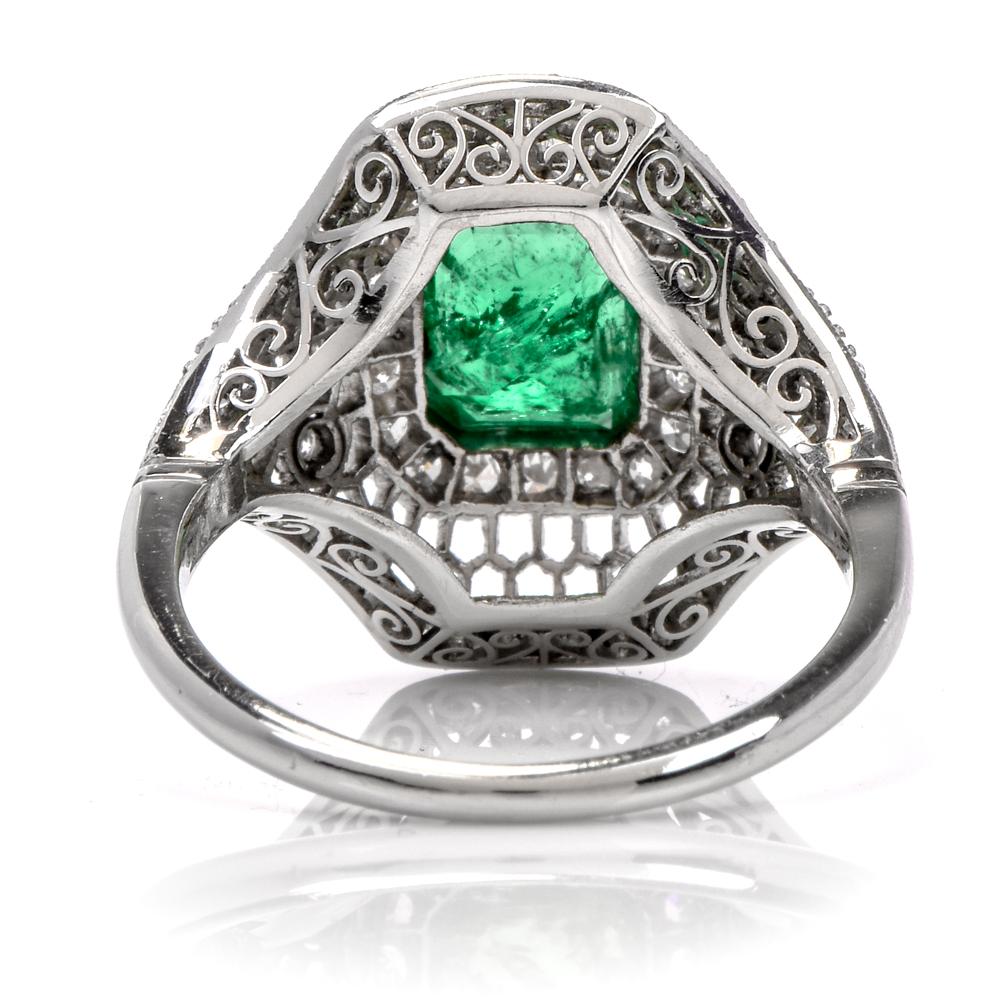 Emerald Cut Vintage Diamond Emerald Open Work Platinum Cocktail Ring