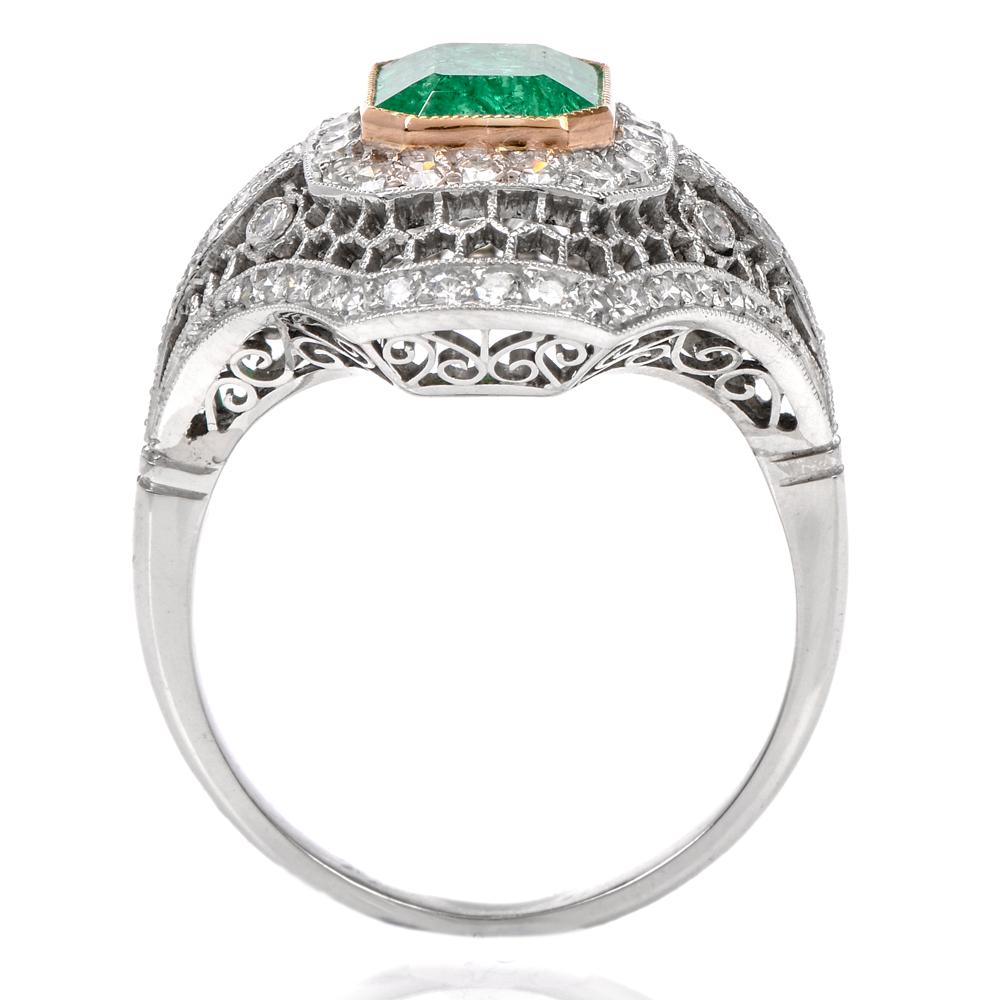 Vintage Diamond Emerald Open Work Platinum Cocktail Ring In Excellent Condition In Miami, FL