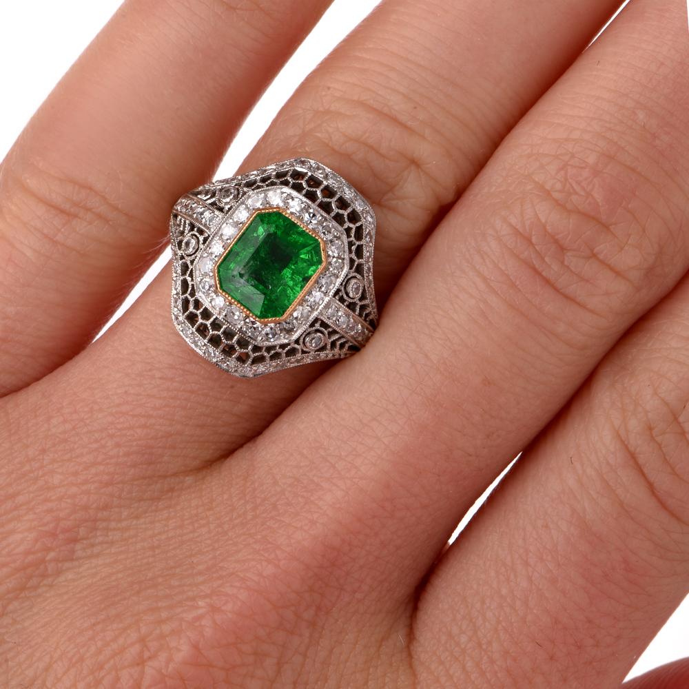 Women's Vintage Diamond Emerald Open Work Platinum Cocktail Ring