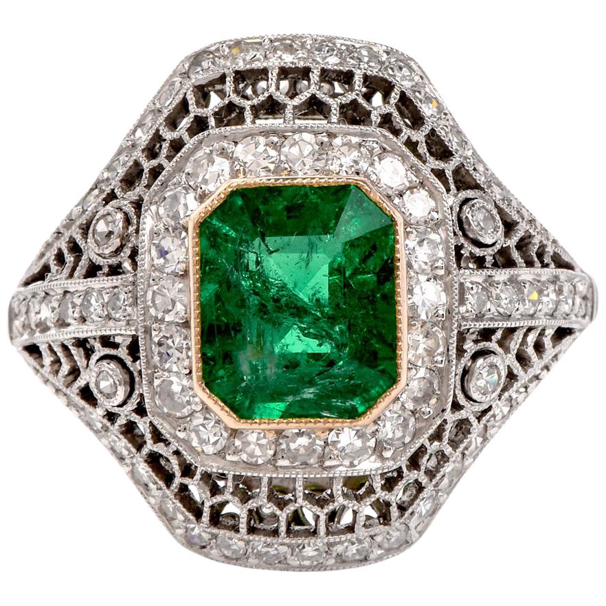 Vintage Diamond Emerald Open Work Platinum Cocktail Ring