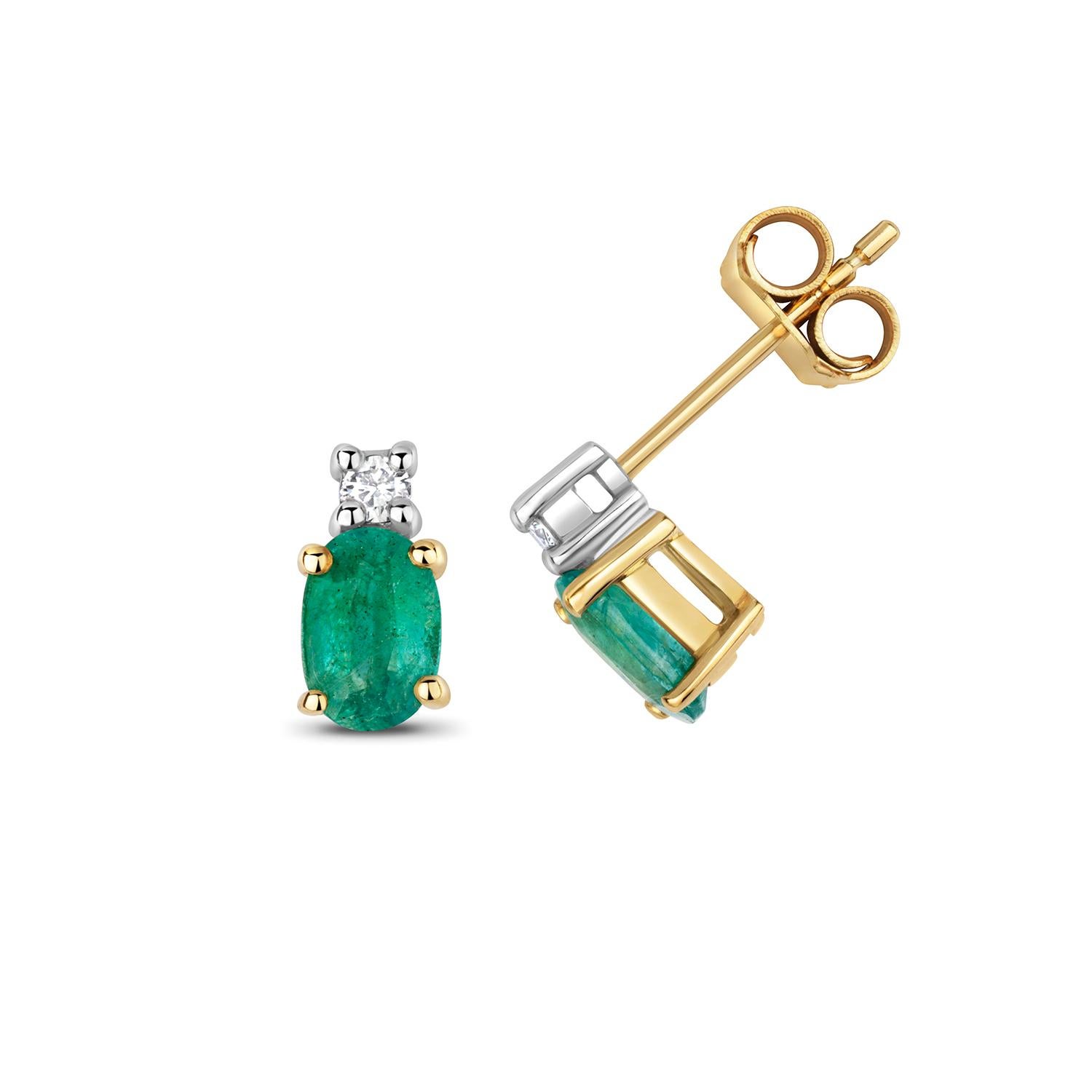 DIAMOND & EMERALD OVAL CLAW SET STUDS IN 9CT Gold In New Condition For Sale In Ilford, GB
