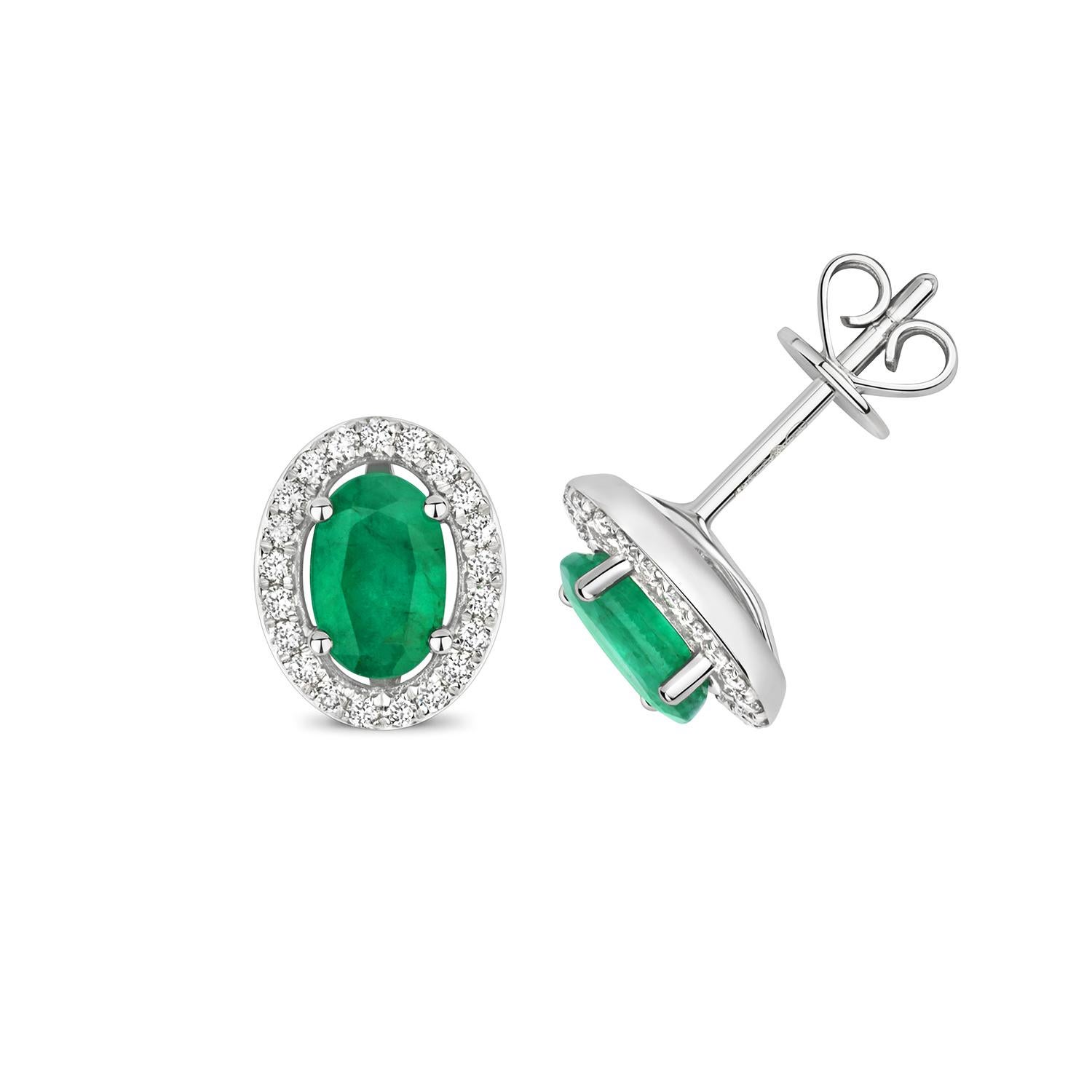 Women's DIAMOND & EMERALD OVAL HALO STUDS IN 9CT WHITE Gold For Sale
