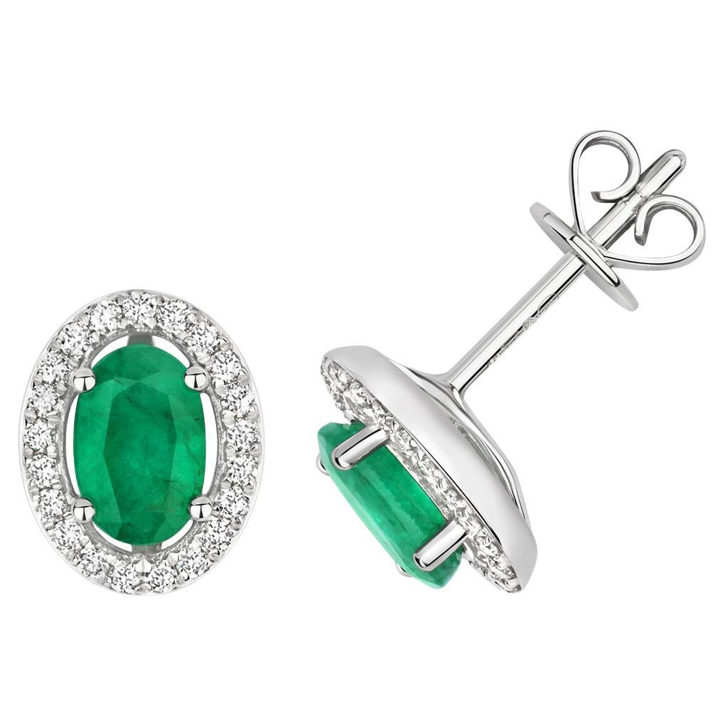 DIAMOND & EMERALD OVAL HALO STUDS IN 9CT WHITE Gold For Sale