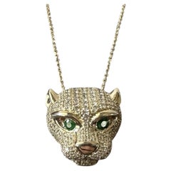 Diamond Emerald Panther Head Necklace 14K Yellow Gold 1.10ctw Diamonds