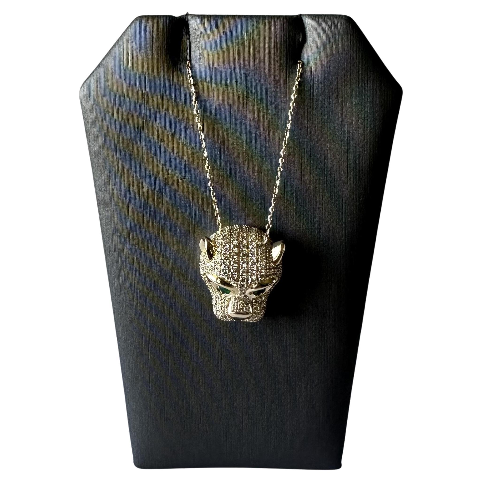Diamond & Emerald Panther Head Necklace in 14kt Yellow Gold – 1.10ctw Diamonds