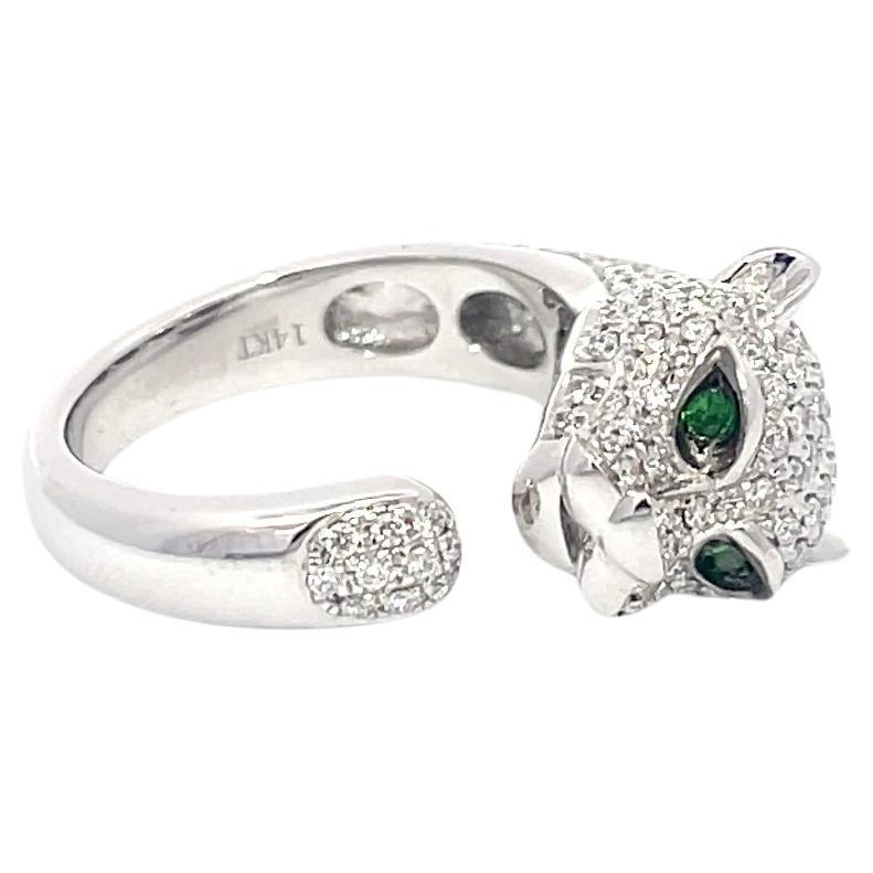 Diamond & Emerald Panther Ring 14K White Gold For Sale