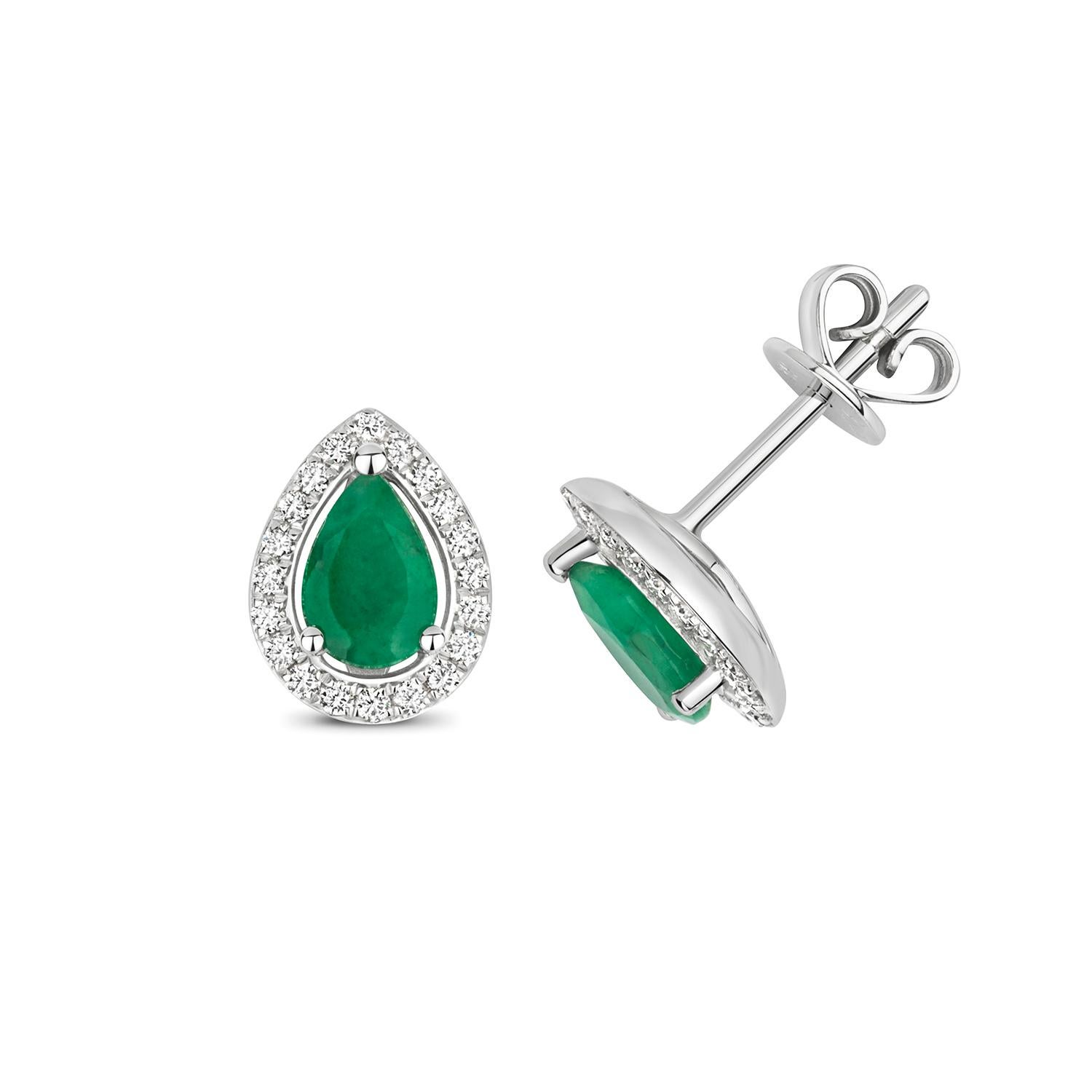 DIAMOND & EMERALD PEAR SHAPE HALO STUDS IN 9CT WHITE Gold For Sale 1