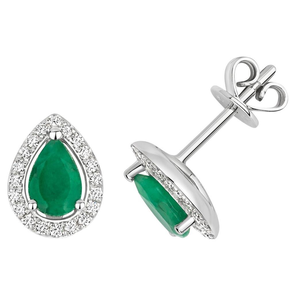 DIAMOND & EMERALD PEAR SHAPE HALO STUDS IN 9CT WHITE Gold For Sale