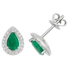 DIAMOND 
EMERALD PEAR SHAPE HALO STUDS IN 9CT WHITE Gold