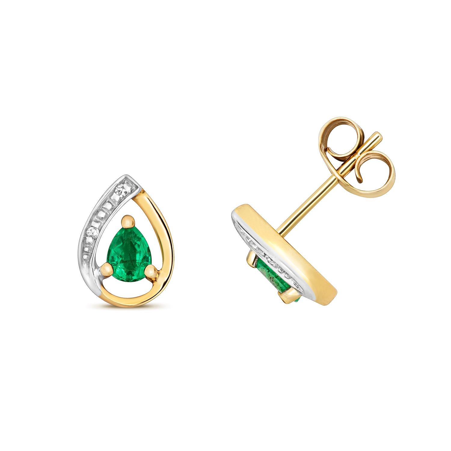 DIAMOND & EMERALD PEAR SHAPE STUDS IN 9CT Gold In New Condition For Sale In Ilford, GB