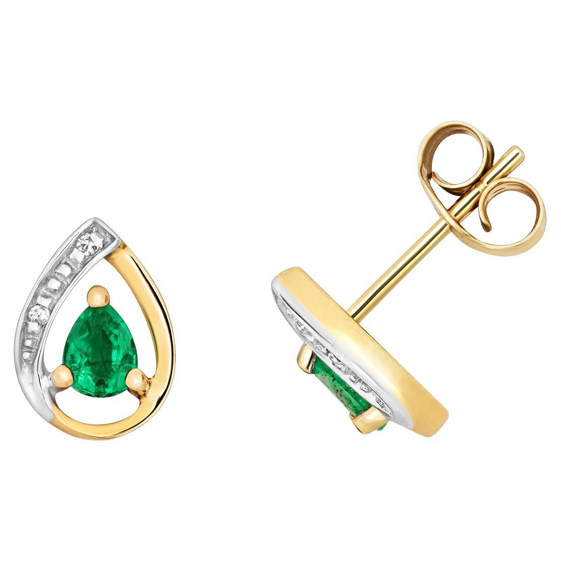 DIAMOND & EMERALD PEAR SHAPE STUDS IN 9CT Gold For Sale