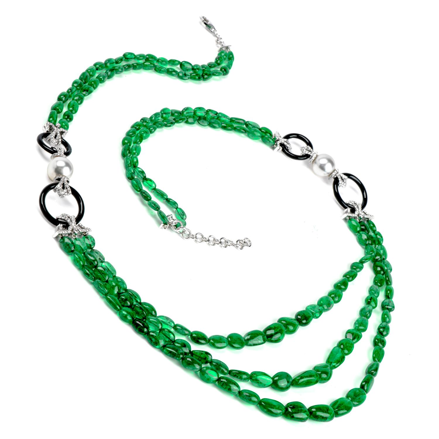 Fell the prestige of this glamorous and elegant Diamond Emerald Pearl & Onyx 18K Gold Multistrand Bead Necklace!  This

beautiful necklace is crafted in 18-karat white gold, with a lobster clasp and adjustable links for length variation. 