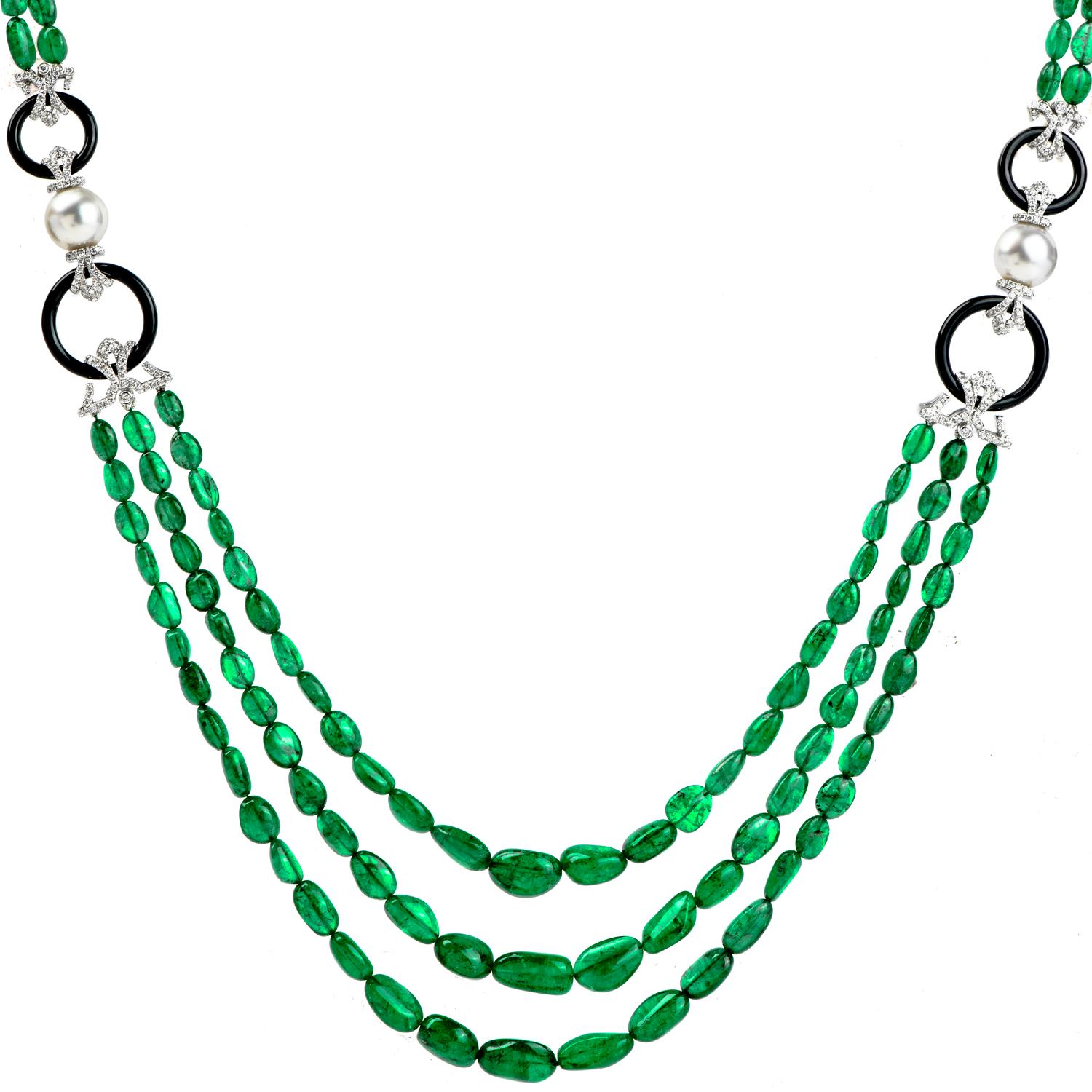 Briolette Cut 21st Century Diamond Emerald Pearl 18 Karat Gold Multistrand Necklace For Sale