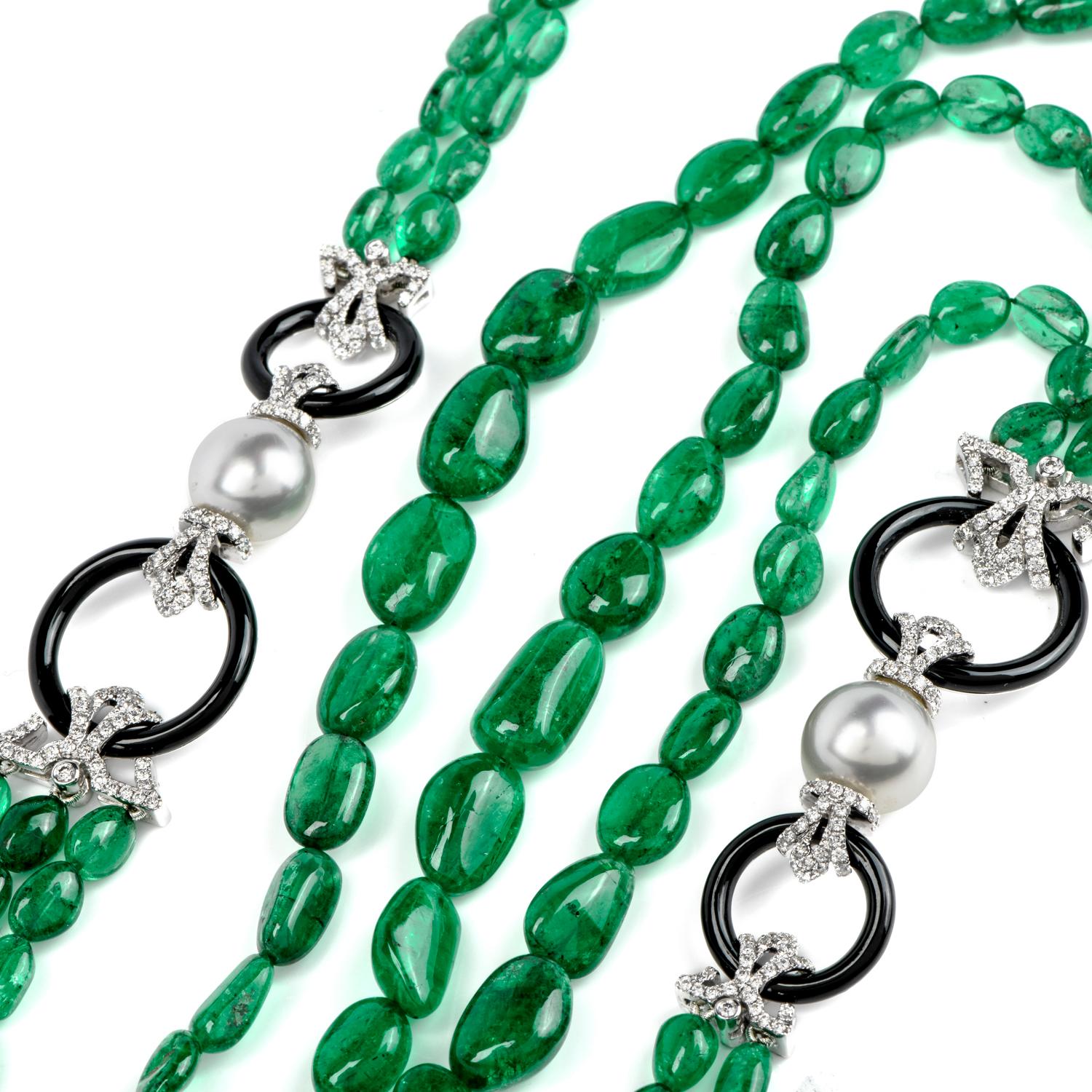 21st Century Diamond Emerald Pearl 18 Karat Gold Multistrand Necklace For Sale 1