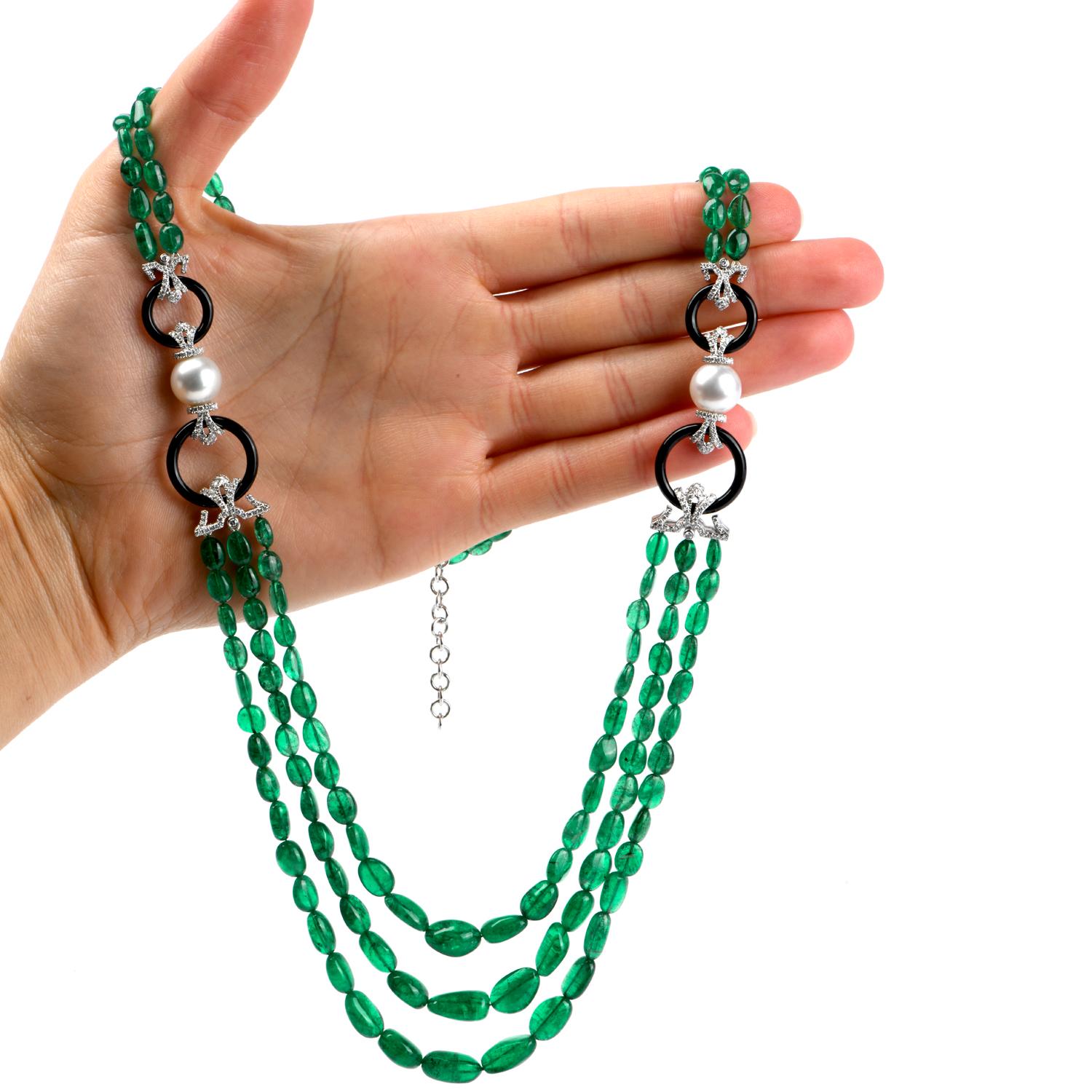 21st Century Diamond Emerald Pearl 18 Karat Gold Multistrand Necklace For Sale 2