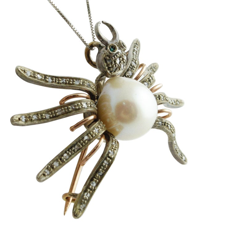 Diamond Emerald Pearl Rose Gold and Silver Spider Shape ...