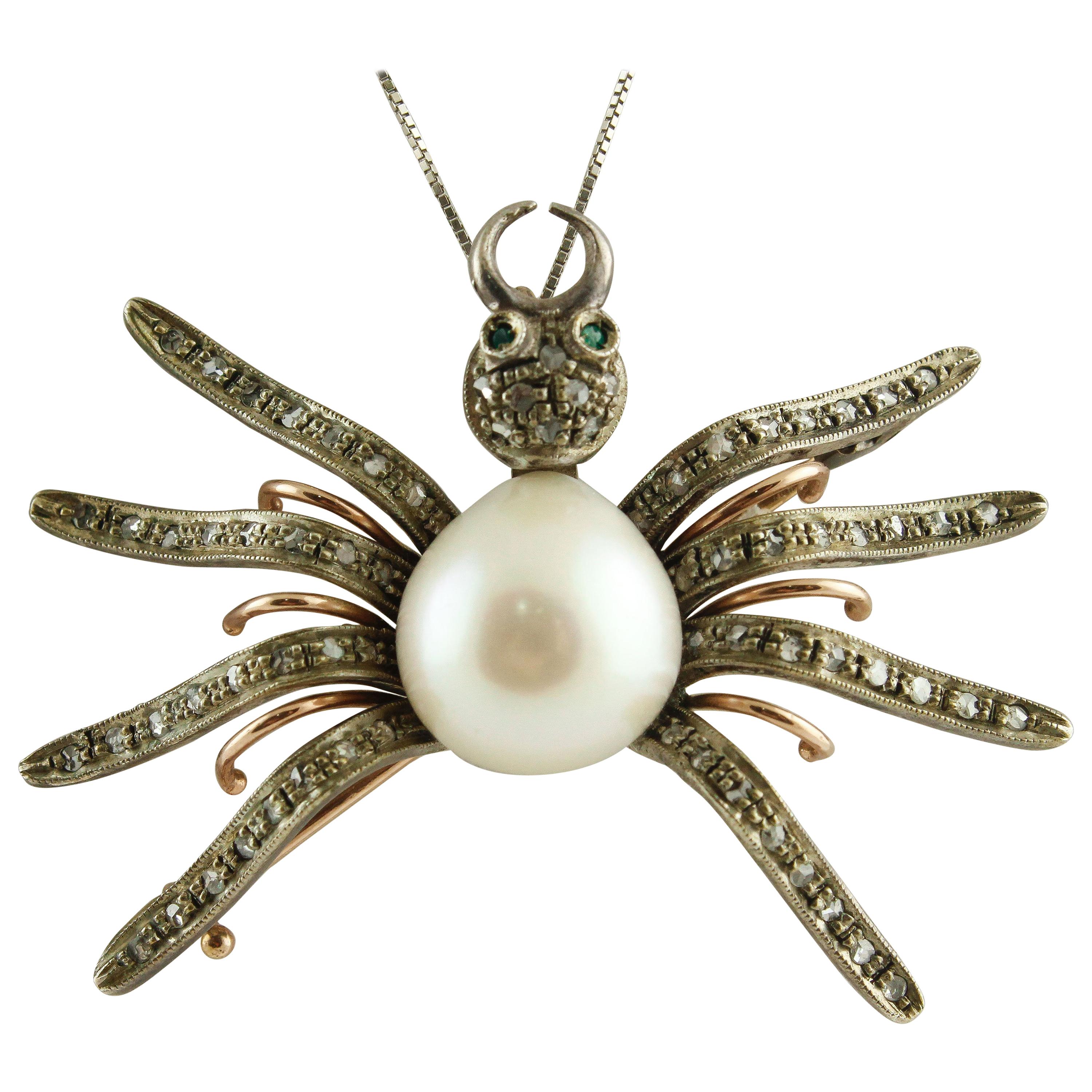 Diamond Emerald Pearl Rose Gold and Silver Spider Shape Pendant Necklace/Brooch