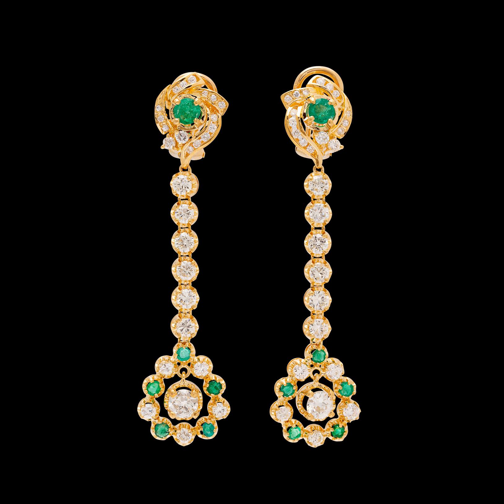 Round Cut Diamond and Emerald Pendant Earrings