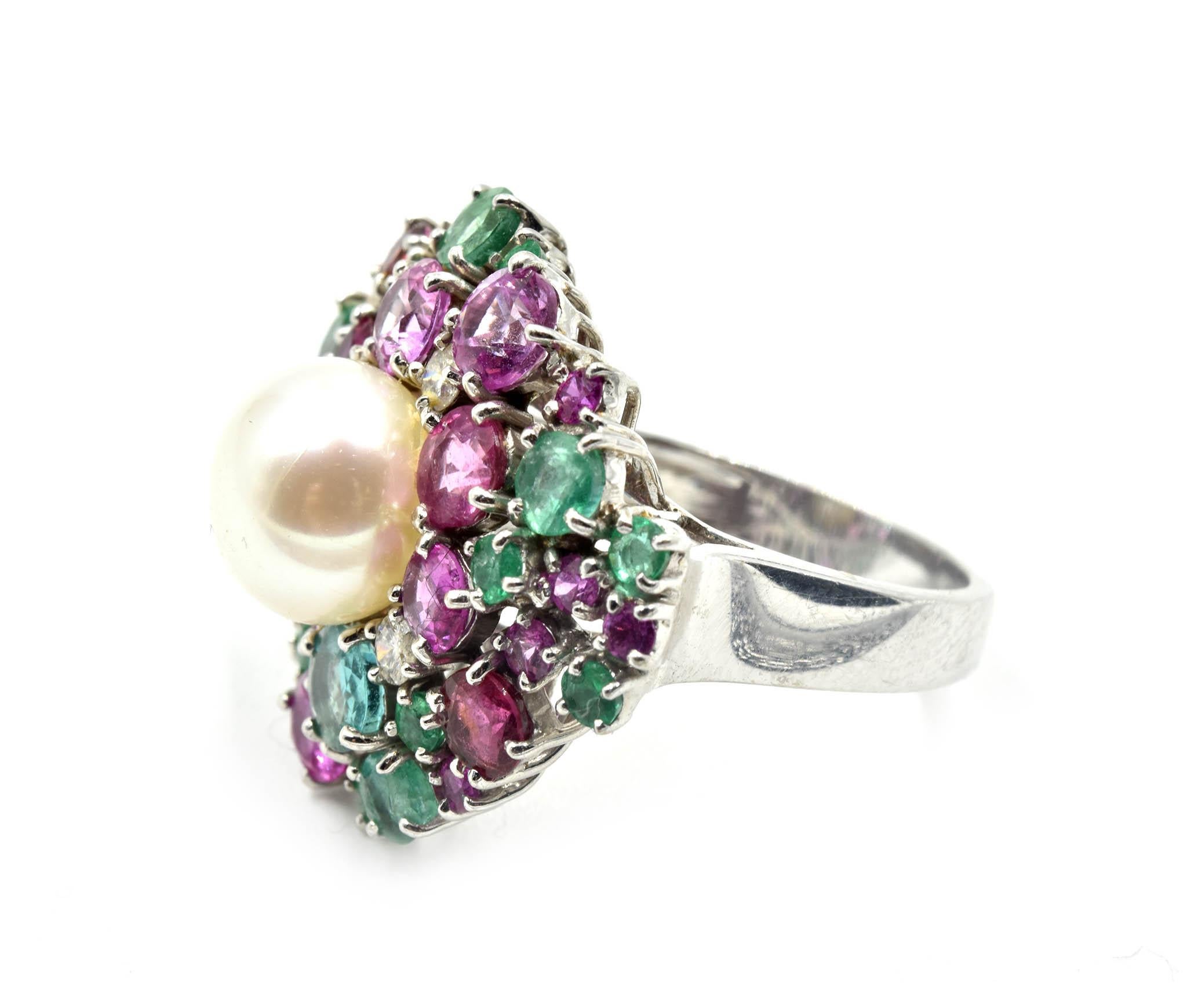 Modern Diamond, Emerald, Pink Sapphire and Pearl Cocktail Ring 18 Karat White Gold