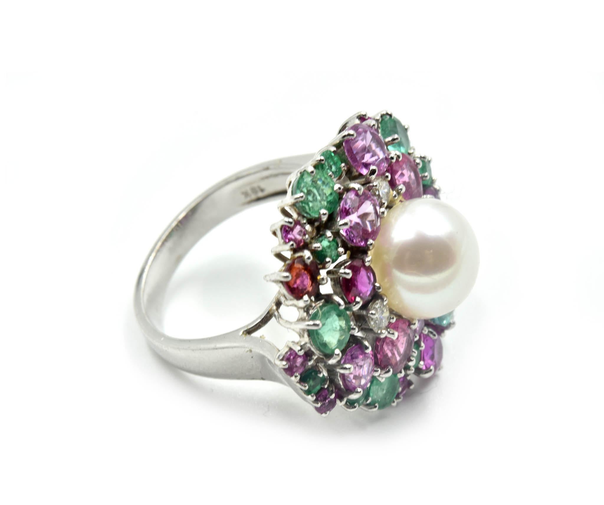 Diamond, Emerald, Pink Sapphire and Pearl Cocktail Ring 18 Karat White Gold In Excellent Condition In Scottsdale, AZ